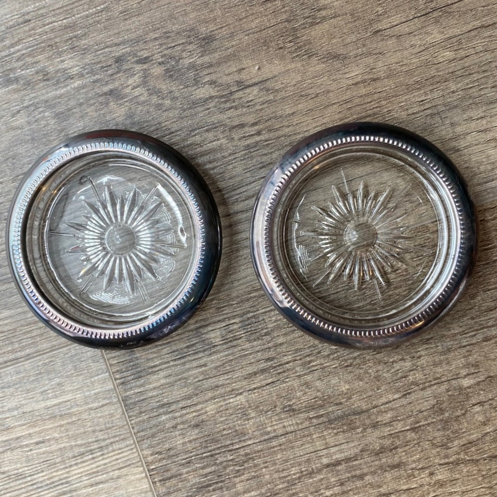 Vintage Starburst Cut Glass Coasters Silver Beaded Rim Set of 2 MCM Barware